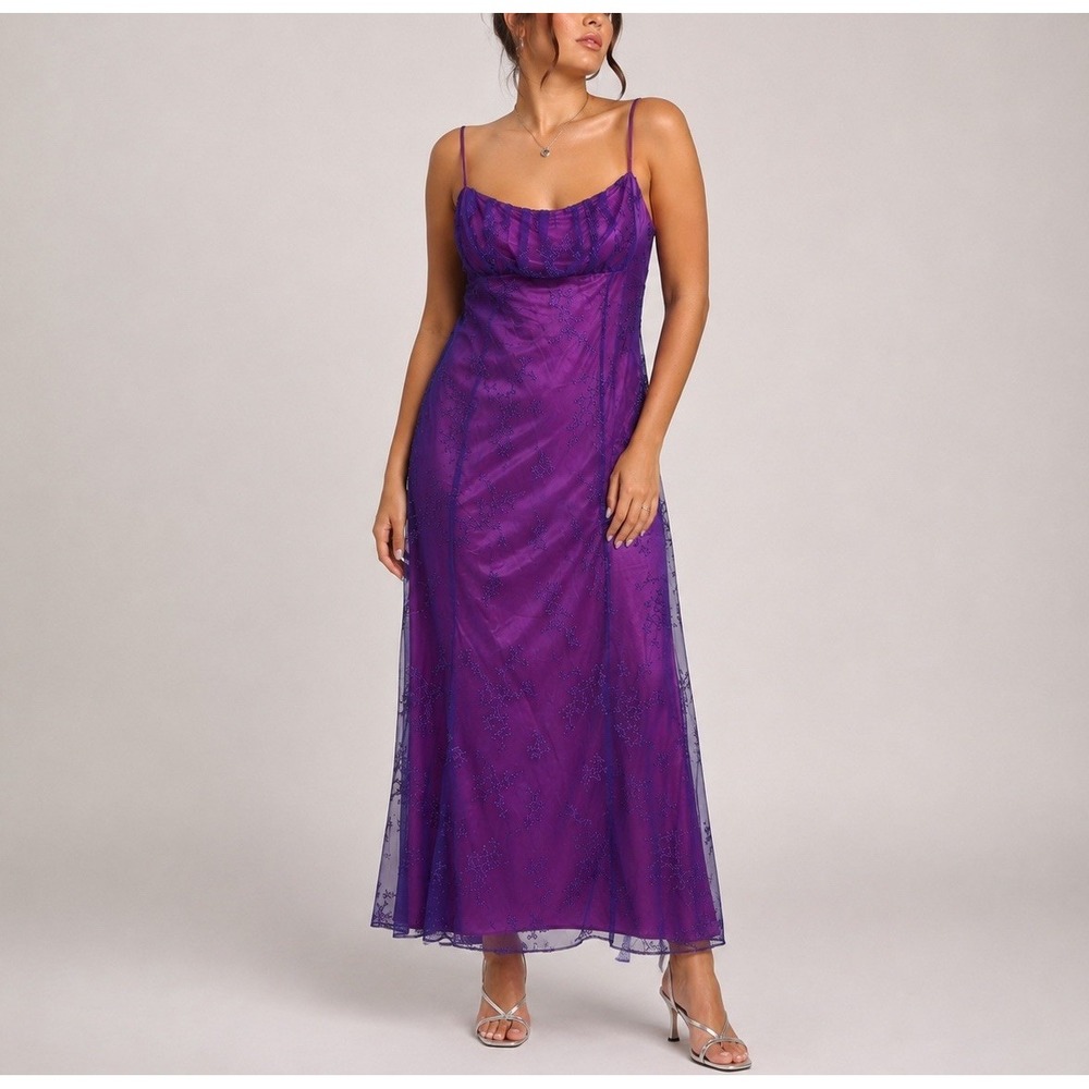 Vtg Zum Zum Purple Glitter Formal Dress Y2K Fairy Prom HoCo 2XL Sheer READ